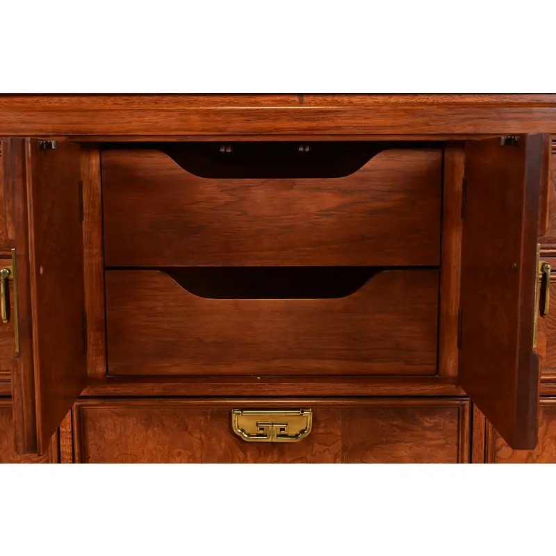 Thomasville Mid-Century Hollywood Regency Chinoiserie Burl Wood Long Dresser or Credenza, Circa 1970s - Image 8