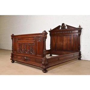 Antique French Renaissance Revival Carved Walnut Full Size Bed, Circa 1880s