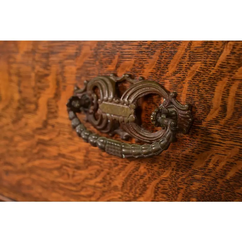 Antique Victorian Carved Tiger Oak Side-by-Side Bookcase With Drop Front Secretary Desk, Circa 1900 - Image 9