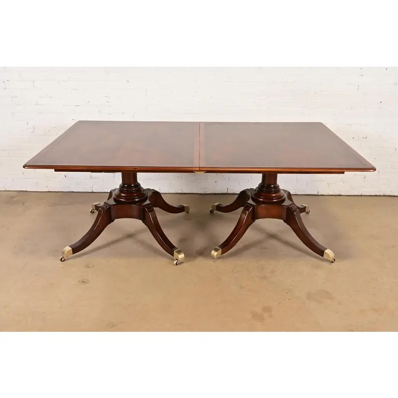 Baker Furniture Style Georgian Banded Mahogany Double Pedestal Extension Dining Table, Newly Refinished - Image 9
