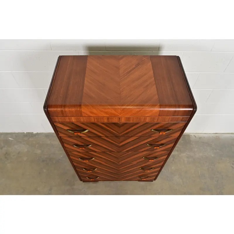 Donald Deskey Style Antique Art Deco Inlaid Walnut Waterfall Highboy Dresser or Chest of Drawers, Circa 1930s - Image 9