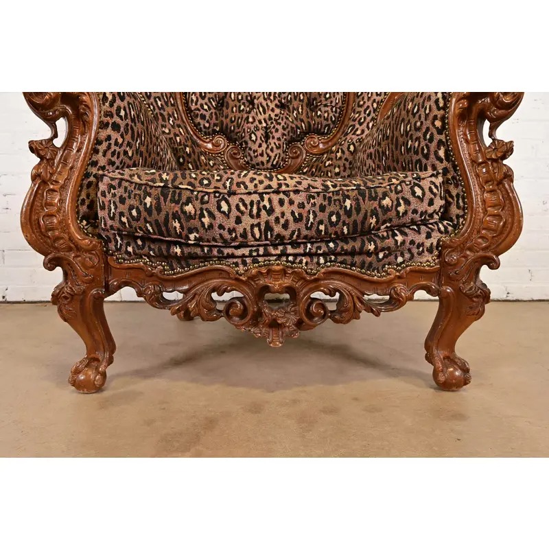 Italian Baroque Ornate Carved Walnut Throne Chairs or Lounge Chairs With Leopard Print Upholstery - Image 9