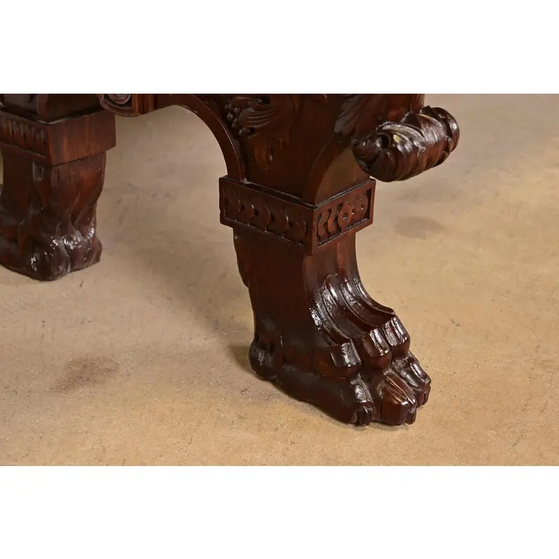 R. J. Horner Style Antique Italian Renaissance Carved Walnut Desk or Library Table With Lion Paw Feet, Circa 1890s - Image 9