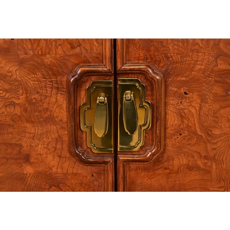 Thomasville Mid-Century Hollywood Regency Chinoiserie Burl Wood Long Dresser or Credenza, Circa 1970s - Image 9