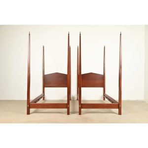 Baker Furniture Style Federal Carved Walnut Twin Size Poster Beds, Pair
