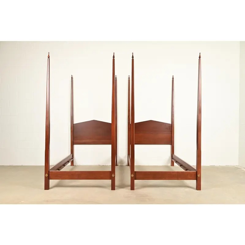 Baker Furniture Style Federal Carved Walnut Twin Size Poster Beds, Pair