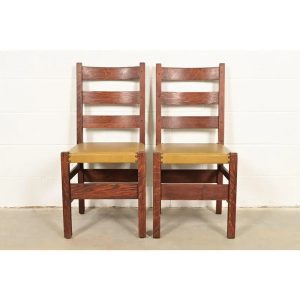 Gustav Stickley Antique Mission Oak Arts & Crafts Ladder Back Dining Chairs, Pair
