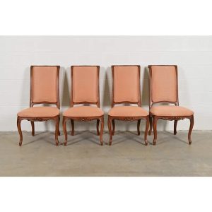 Baker Furniture French Provincial Louis XV Carved Walnut Dining Chairs, Set of Four