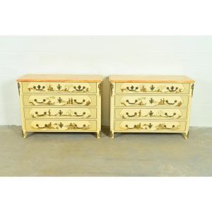 Baker Furniture Style French Regency Louis XVI Chinoiserie Cream Lacquered Dresser Chests, Pair