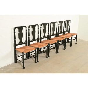 Eldred Wheeler Early American Green Lacquered Rush Seat Dining Chairs, Set of Six