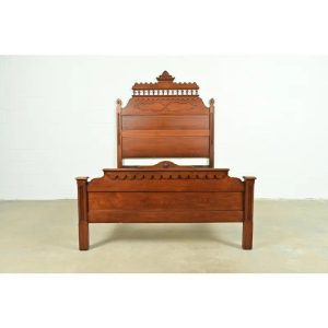Herter Brothers Style Antique Monumental Eastlake Victorian Carved Walnut Full Size Bed, Circa 1880s