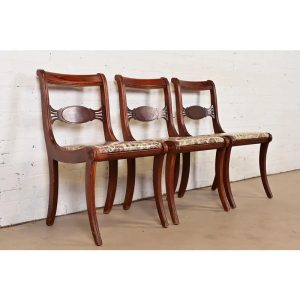 Kindel Furniture Style Regency Carved Mahogany Side Chairs or Dining Chairs, Set of Three
