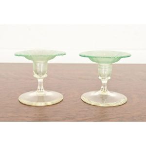Louis Comfort Tiffany Favrile Pastel Iridescent Art Glass Candlesticks, Pair