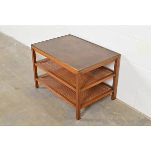 Paul McCobb Irwin Collection Mahogany, Brass, and Cane Leather Top Three-Tier Side Table, 1950s