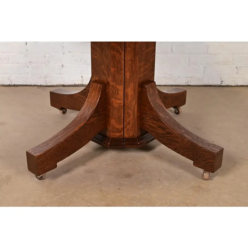 Stickley Brothers Style Antique Mission Oak Arts & Crafts Pedestal Extension Dining Table, Newly Refinished - Image 11