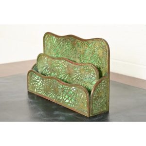 Tiffany Studios New York Pine Needle Bronze and Favrile Slag Glass Letter Rack