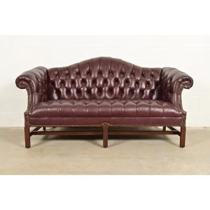 Vintage Chippendale Tufted Oxblood Leather Camelback Chesterfield Sofa by North Hickory Furniture