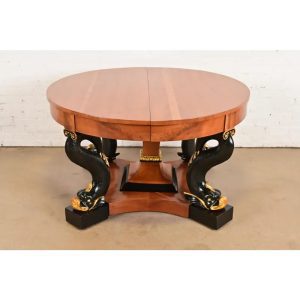 Antique Italian Regency Cherry and Burl Wood Parcel Ebonized Dolphin Base Monumental Extension Dining Table, Circa 1890s