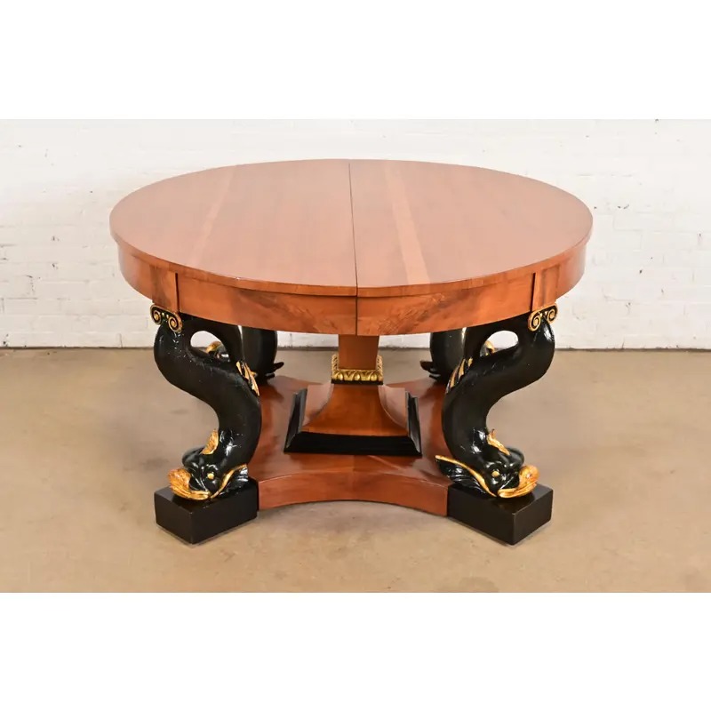 Antique Italian Regency Cherry and Burl Wood Parcel Ebonized Dolphin Base Monumental Extension Dining Table, Circa 1890s