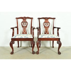 Baker Furniture Chippendale Carved Mahogany Armchairs or Dining Captain Chairs, Pair
