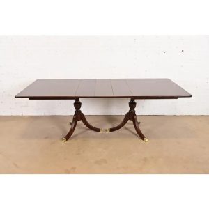 Baker Furniture Style Georgian Mahogany Double Pedestal Extension Dining Table, Newly Refinished