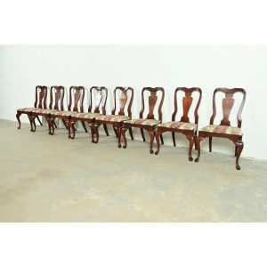 Baker Furniture Style Queen Anne Solid Cherry Wood Dining Chairs, Set of Eight