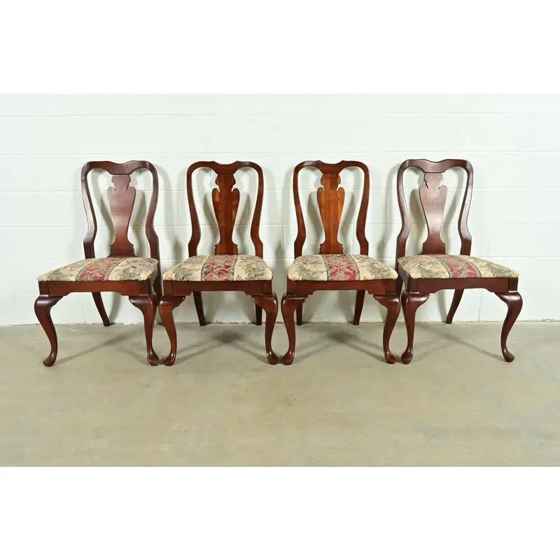 Baker Furniture Style Queen Anne Solid Cherry Wood Dining Chairs, Set of Four