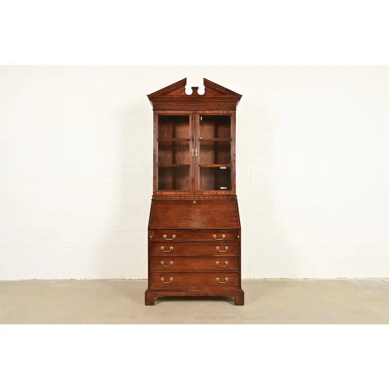 Century Furniture Chippendale Carved Mahogany Drop Front Secretary Desk With Lighted Bookcase Hutch