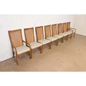 Drexel Heritage Mid-Century Modern Walnut and Cane High Back Dining Chairs, Set of Eight
