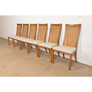 Drexel Heritage Mid-Century Modern Walnut and Cane High Back Dining Chairs, Set of Six