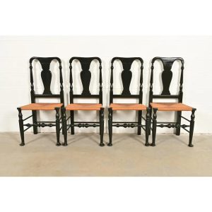 Eldred Wheeler Early American Green Lacquered Rush Seat Dining Chairs, Set of Four