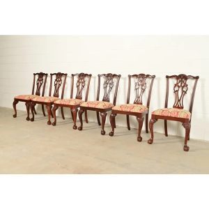 Ethan Allen Chippendale Carved Mahogany Dining Chairs, Set of Six