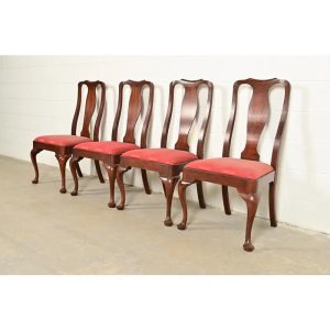 Henkel Harris Queen Anne Solid Mahogany Dining Chairs, Set of Four