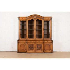 Karges French Regency Louis XVI Burled Walnut Lighted Breakfront Bookcase Cabinet, Newly Refinished