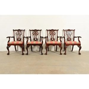 Kindel Furniture Chippendale Carved Mahogany Dining Arm Chairs, Set of Four