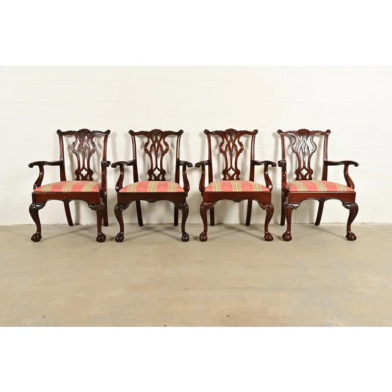 Kindel Furniture Chippendale Carved Mahogany Dining Arm Chairs, Set of Four