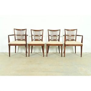 Paul McCobb Style Mid-Century Modern Sculpted Walnut Spindle Back Dining Chairs, Set of Four