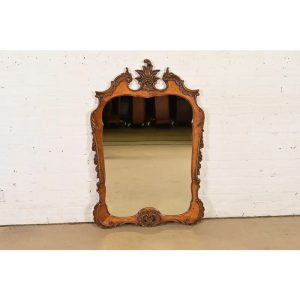 Romweber Antique French Rococo Louis XV Carved Burl Wood Framed Wall Mirror, Circa 1920s