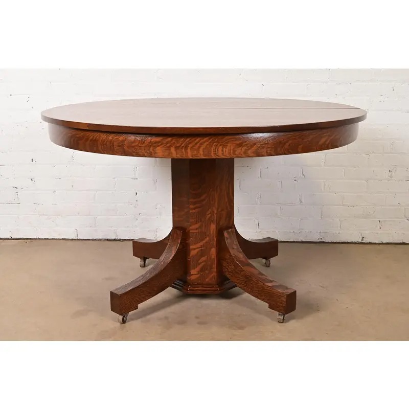 Stickley Brothers Style Antique Mission Oak Arts & Crafts Pedestal Extension Dining Table, Newly Refinished - Image 12