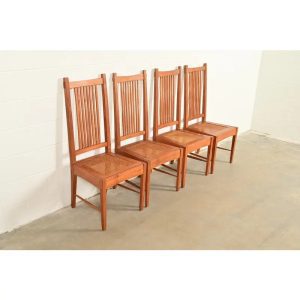 Stickley Style Arts & Crafts Teak and Cane Dining Chairs, Set of Four