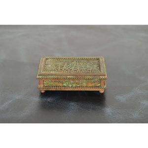 Tiffany Studios New York Pine Needle Pattern Bronze and Favrile Slag Glass Stamp Box