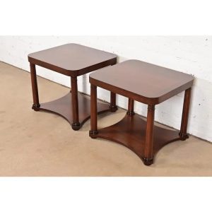 Baker Furniture French Empire Cherry and Burl Side Tables or Nightstands, Newly Refinished