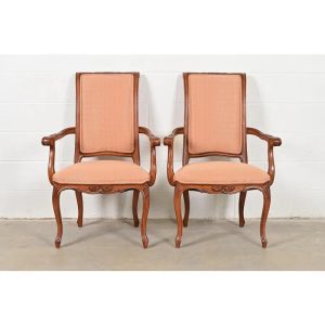 Baker Furniture French Provincial Louis XV Carved Walnut Armchairs or Dining Captain Chairs, Pair