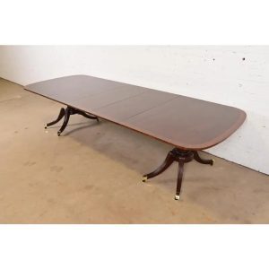 Baker Furniture Georgian Banded Mahogany Double Pedestal Extension Dining Table, Newly Refinished