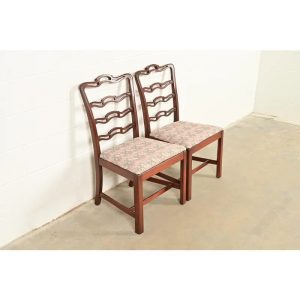Baker Furniture Style Georgian Carved Mahogany Side Chairs or Dining Chairs, Pair
