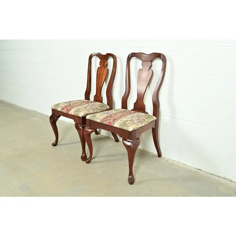 Baker Furniture Style Queen Anne Solid Cherry Wood Side Chairs or Dining Chairs, Pair