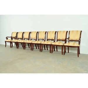 Baker Furniture Style Regency Carved Mahogany Dining Chairs, Set of Eight