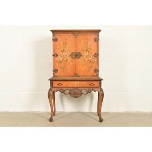 Berkey & Gay Style Antique Georgian Carved Satinwood Hand Painted Bookcase or Bar Cabinet, Circa 1920s