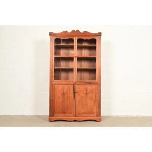 English Country Farmhouse Carved Walnut Bookcase Cabinet, 1970s