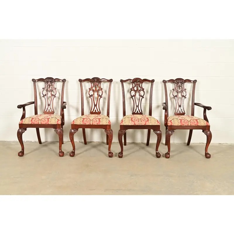 Ethan Allen Chippendale Carved Mahogany Dining Chairs, Set of Four